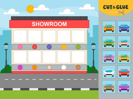 Game for children, working print sheet. showroom car. Paper application. Cut and glue by color. vector illustration. Children funny riddle entertainmentのイラスト素材