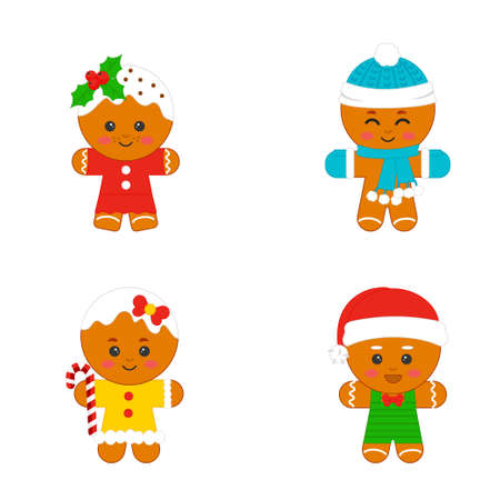 Set of cute cartoon gingerbread man cookies. christmas theme. Vector illustration for children's decor, stickers, decorations, decorating a children's roomのイラスト素材
