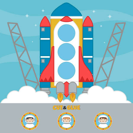 Activity game with spaceship. vector illustration. Cut and glue the rocket's passengers. Paper application. Children funny riddle entertainmentのイラスト素材