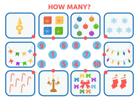 Game for children with pictures on Christmas theme. How many? Vector kids activity sheet. Children funny riddle entertainment.のイラスト素材