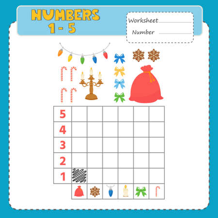 Game for children with pictures on Christmas theme. How many? Learning to count from 1 to 5. Vector kids activity sheet. Children funny riddle entertainment.のイラスト素材