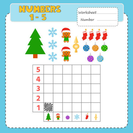 Game for children with pictures on Christmas theme. How many? Learning to count from 1 to 5. Vector kids activity sheet. Children funny riddle entertainment.のイラスト素材
