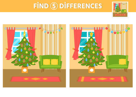 A game for children. Find 5 differences on the picture. christmas theme. Paint over the sample. vector illustration. print sheetのイラスト素材