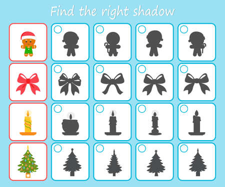 Educational game for kids. Find the right shadow and mark the answer. Kids activity with candle, gingerbread man, christmas tree, bow. printable worksheet. vector illustrationのイラスト素材