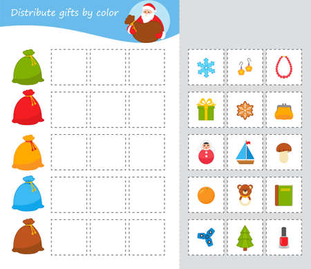 A game for children. Help Santa Claus to collect gifts by color in a bag. christmas theme. vector illustrationのイラスト素材