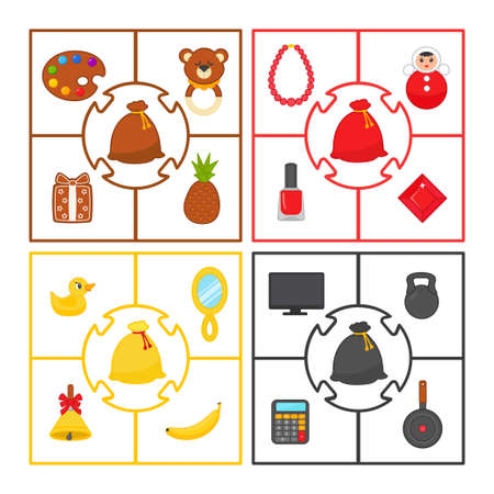 A game for children. Choose pictures by color. Puzzle. Put Santa's gifts in the bag. vector illustration. Worksheet for printing.のイラスト素材