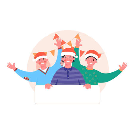 Vector Template with happy, affable people in santa hat holding banner with the ability to insert your text. christmas theme. Illustration for advertisement, coupon or voucher, website or web pageのイラスト素材