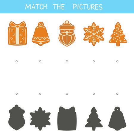 Matching children educational game. Find the right shadow of a Christmas gingerbread. Activity for presshool years kids and toddlers. vector illustrationのイラスト素材