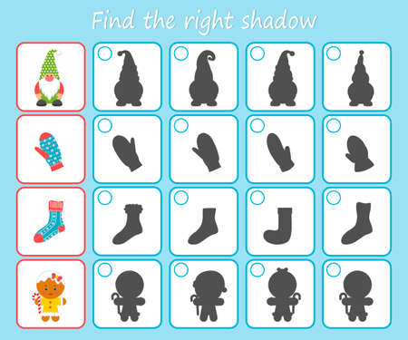 Educational game for kids. Find the right shadow and mark the answer. Kids activity with mittens, socks, gnome, Christmas gingerbread. printable worksheet. vector illustrationのイラスト素材