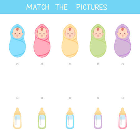 Matching children educational game.Match babies to feeding bottle by color. Activity for presshool years kids and toddlers. vector illustrationのイラスト素材