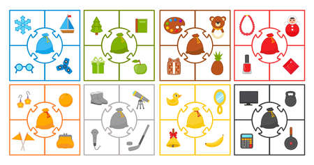 A game for children. Choose pictures by color. Puzzle. Put Santa's gifts in the bag. vector illustration. Worksheet for printing.のイラスト素材