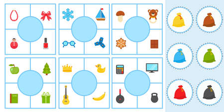 A game for children. Choose pictures by color. Puzzle. Put Santa's gifts in the bag. vector illustration. Worksheet for printing.のイラスト素材