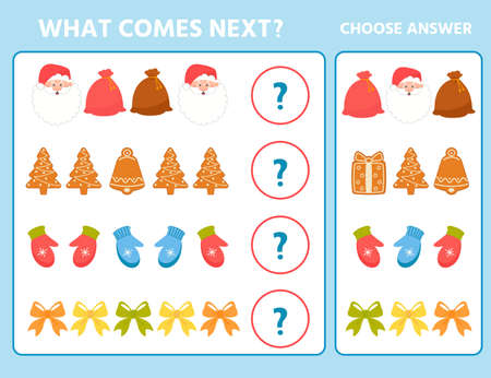 Christmas game for children yna develop logic. What's next? Find the correct answer and circle. vector illustrationのイラスト素材