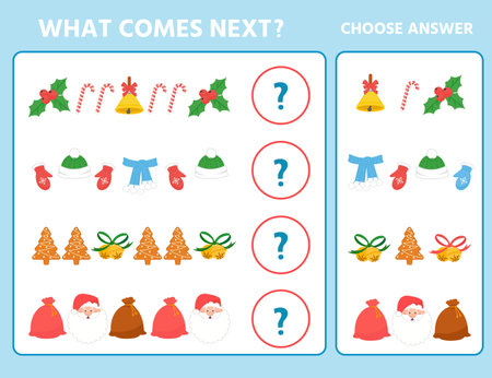 Christmas game for children to develop logic. Find the regularity and continue the row task. vector illustration. Children funny riddle entertainment.のイラスト素材