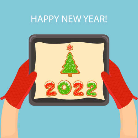 Vector Greeting Card Happy New Year 2022 with Christmas cookies on a baking sheet. vector illustration. For holiday cards, congratulations, printのイラスト素材