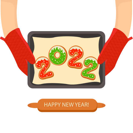 Vector Greeting Card Happy New Year 2022 with Christmas cookies on a baking sheet. vector illustration. For holiday cards, congratulations, printのイラスト素材