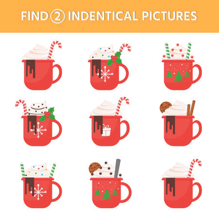 Christmas game for kids. Find 2 identical cocoa mugs. vector illustration. printed sheet. A game to develop attentionのイラスト素材