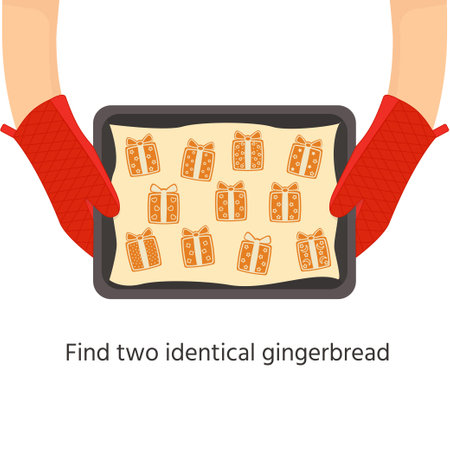 Christmas and new year educational riddle. Find two identical gingerbread. vector illustration. Printable worksheet for kidsのイラスト素材