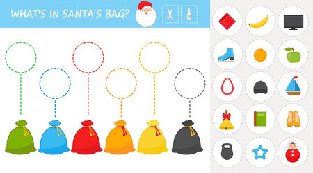 Christmas game for kids. Find out what's in Santa's bag. Study of colors. vector illustration. Worksheet for printing. development gameのイラスト素材