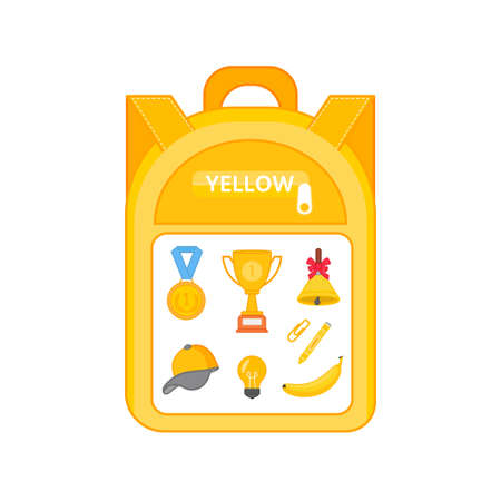 A game for children. Study of colors. school supplies. Put it in your backpack. yellow. vector illustration. Printing sheet for games with stickersのイラスト素材