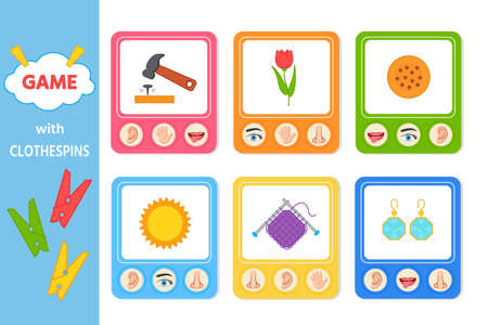 Educational game for children with clothespins. Five senses matching game for kids. Sight, touch, hearing, smell and taste. vector illustration. Printing sheet for gamesのイラスト素材