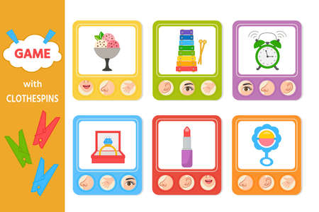 Educational game for kids with clothespins. Five senses matching game for kids. Sight, touch, hearing, smell and taste. vector illustrationのイラスト素材