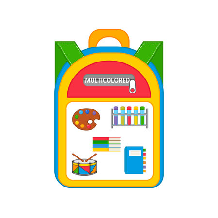 A game for children. Study of colors. school supplies. Put it in your backpack. multicolored. Back to school topic. vector illustration. Printing sheet for games with stickers or Velcroのイラスト素材
