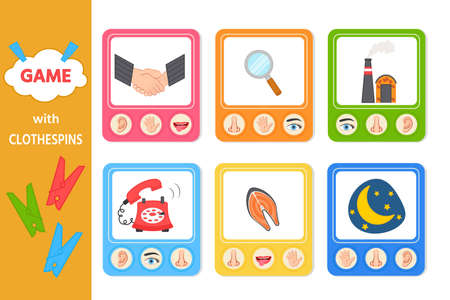 Educational game for children with clothespins. Five senses matching game for kids. Sight, touch, hearing, smell and taste. vector illustration. Printing sheet for gamesのイラスト素材