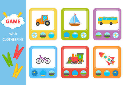 Educational game for kids with clothespins. Match the transport going, floating, flying. vector illustration. Activity for pre school years kids and toddlersのイラスト素材
