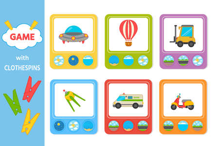 Educational game for kids with clothespins. Match the transport going, floating, flying. vector illustration. Activity for pre school years kids and toddlersのイラスト素材