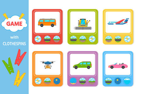 Educational game for kids with clothespins. Match the transport going, floating, flying. vector illustration. Activity for pre school years kids and toddlersのイラスト素材