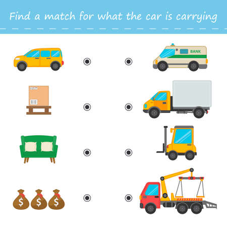 Educational game for kids. Match the transport and cargo. printable worksheet. Children funny riddle entertainment. Activity for pre school years kids and toddlersのイラスト素材