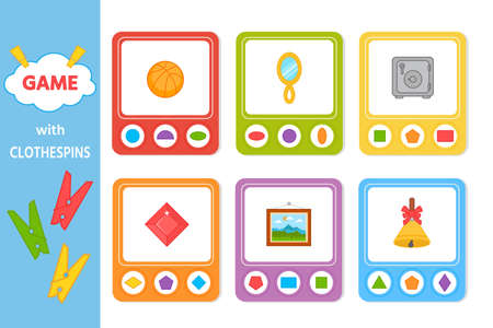 Educational game for kids with clothespins. Match of geometric shapes. vector illustration. Activity for preschool years kids and toddlers. printable worksheetのイラスト素材