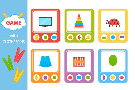 Educational game for kids with clothespins. Match of geometric shapes. vector illustration. Activity for presshool years kids and toddlers. printable worksheetのイラスト素材