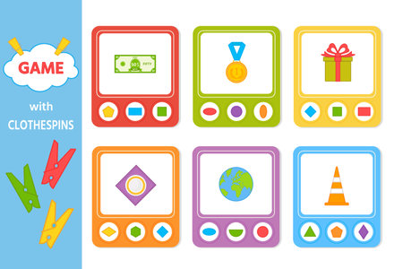 Educational game for kids with clothespins. Match of geometric shapes. vector illustration. Activity for presshool years kids and toddlers. printable worksheetのイラスト素材