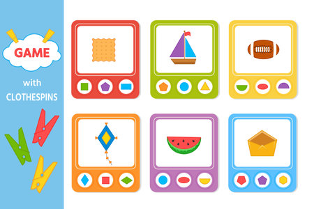 Educational game for kids with clothespins. Match of geometric shapes. vector illustration. Activity for presshool years kids and toddlers. printable worksheetのイラスト素材