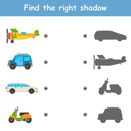 Educational Puzzle Game for kids. Find correct shadow. vector illustration. Cars. Activity for presshool years kids and toddlers. printable worksheetのイラスト素材