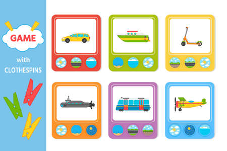 Educational game for kids with clothespins. Match the transport going, floating, flying. vector illustration. Activity for presshool years kids and toddlersのイラスト素材