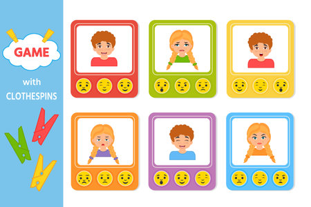 Educational game for kids with clothespins. Match the emotions and face. vector illustration. Activity for presshool years kids and toddlers. printable worksheetのイラスト素材