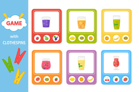 Educational game for kids with clothespins. Match the fruits and juice. vector illustration. Activity for preschool years kids and toddlers. printable worksheetのイラスト素材