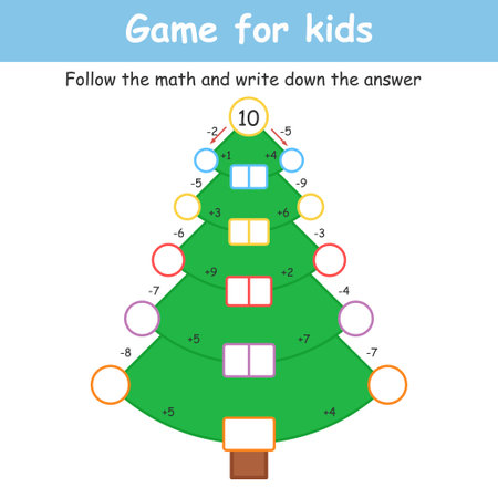 Counting Game for Preschool Children. Educational a mathematical game. Do the math and write down your answer. printable sheet. Christmas tree.のイラスト素材