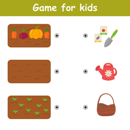 Matching education game for children. Match actions. garden. printable sheet. Kids activity page. vector illustrationのイラスト素材
