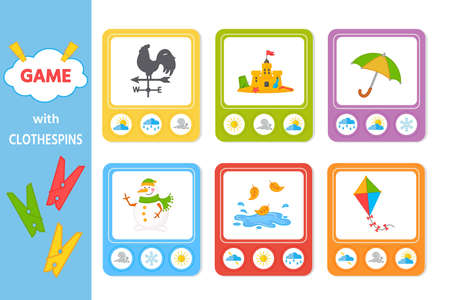 Educational game for kids with clothespins. Find matching item. weather. Activity Worksheet for kids learning forms. Logic puzzle game. vector illustrationのイラスト素材