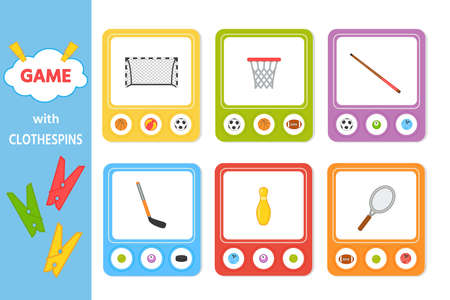 Educational Logic game for kids with clothespins. Find matching sport equipment. printable cards. Activity for preschool years kids and toddlers. vector illustrationのイラスト素材