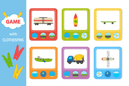 Educational game for kids with clothespins. Match the transport going, floating, flying. vector illustration. Activity for preschool years kids and toddlersのイラスト素材