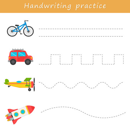 Educational children's game. Handwriting practice sheet. Writing learning, transport theme. Connect the dots. printable worksheet. Activity for preschool years kids and toddlers.のイラスト素材