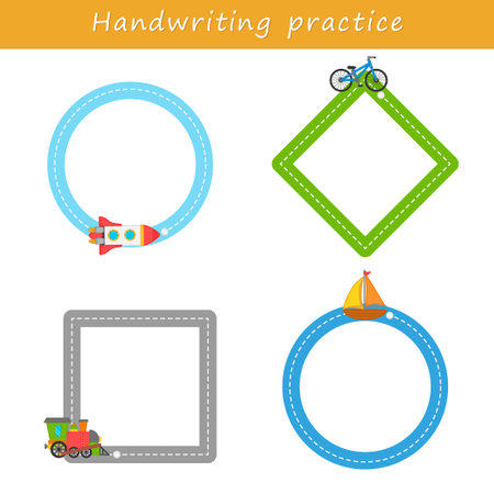 Educational children's game. Handwriting practice sheet. Writing learning, transport theme. Connect the dots. printable worksheet. Activity for preschool years kids and toddlers.のイラスト素材