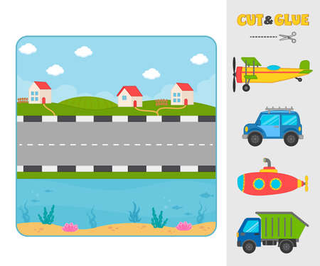 Game for kids. Cut and paste machines. Match the transport going, floating, flying. Template for printing games with Velcro, puzzles. vector illustration. Activity for pre school years kids and toddlersのイラスト素材