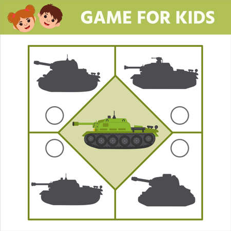 Game for kids. Find the right shadow. military equipment. Template for printing games. Activity for preschool years kids and toddlersのイラスト素材