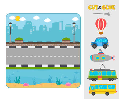 Game for kids. Cut and paste machines. Match the transport going, floating, flying. Template for printing games with Velcro, puzzles. Activity for pre school years kids and toddlersのイラスト素材